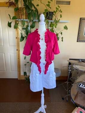 Hot Pink Ruffle Trim Wrap Cardigan Soft Girly Knit Top